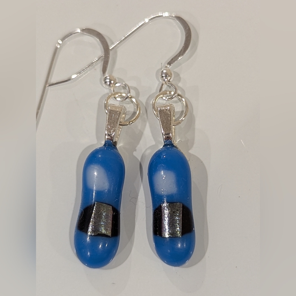 Artisan Handmade Fused glass blue drop earrings with silver dichroic glass.